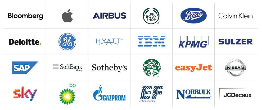 Logos of organisations whose employees we have assisted, including Bloomberg, Apple, Airbus, The Body Shop, Boots, Calvin Klein, Deloitte, GE, Hyatt, IBM, KPMG, Sulzer, SAP, SoftBank, Sotheby's, Starbucks, easyJet, Nissan, Sky, bp, Gazprom, Education First, Norbulk and JCDecaux